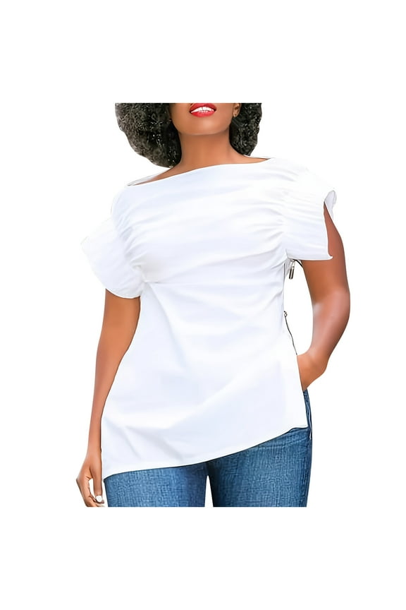 Summer Tops for Women Dressy Casual Side Zip up Slit Cap Sleeve Scoop Neck Shirts Blouse