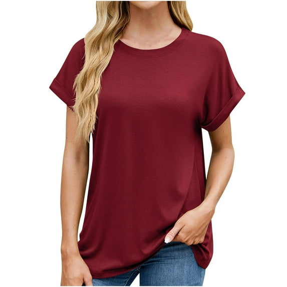 AherBiu Summer Tops for Women Drop Shoulder Short Sleeve Comfy Soft Crewneck T Shirts Blouse Plain Tees