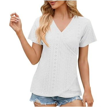 AherBiu Summer Tops for Women Eyelet Hole Short Sleeve V Neck Wrap Irregular Flowy Top Shirts Blouse