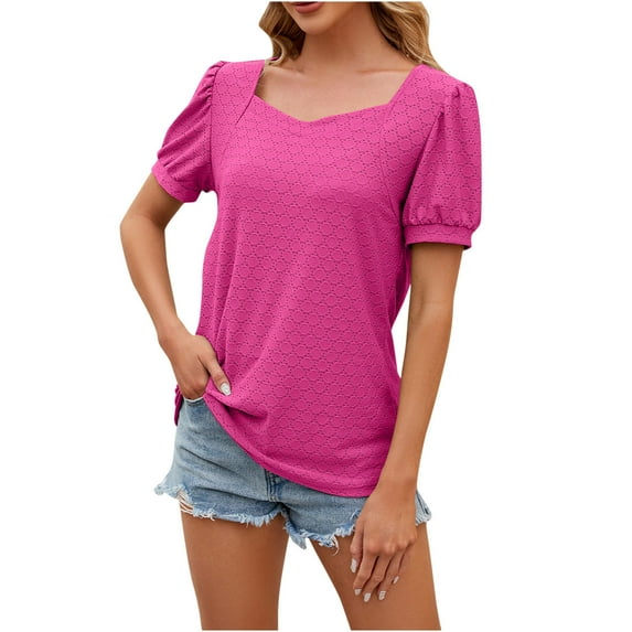 AherBiu Summer Tops for Women Eyelet Square Neck Short Sleeve Casual Loose Tunic Shirts Blouse