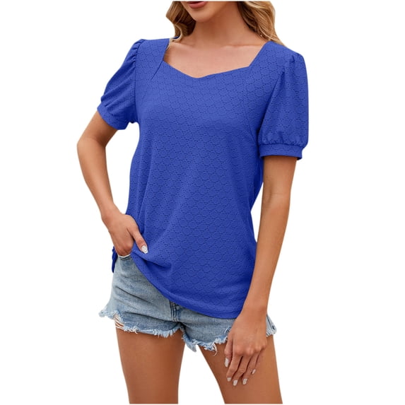 AherBiu Summer Tops for Women Eyelet Square Neck Short Sleeve Casual Loose Tunic Shirts Blouse
