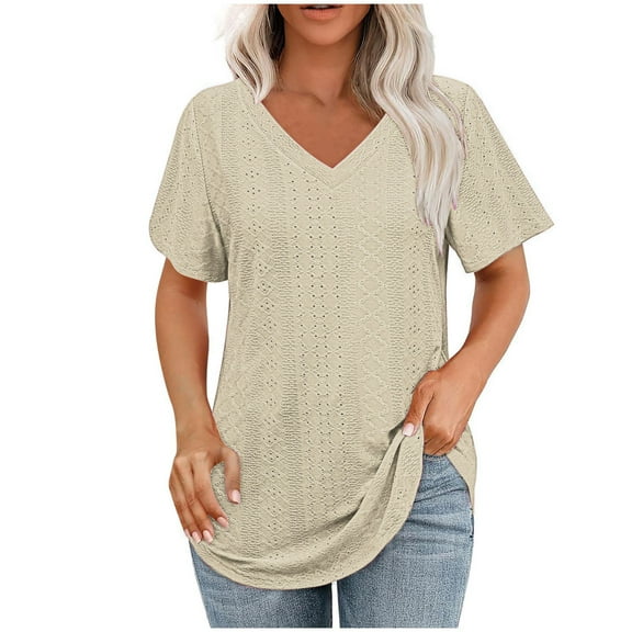 AherBiu Summer Tops for Women Eyelet V Neck Short Sleeve Stretch Comfy Casual Tunic Tops to Wear with Leggings