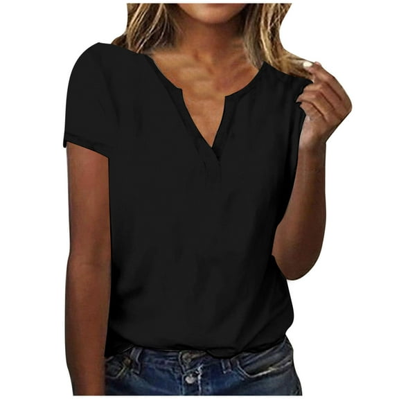 AherBiu Summer Tops for Women Notch V Neck Short Sleeve Casual Comfy Basic Top Tees T Shirts