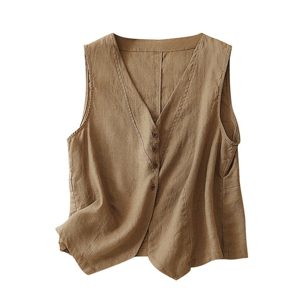 AherBiu Summer Tops for Women Open Front Button V Neck Sleeveless Vests Lightweight Vintage Cardigan Tank