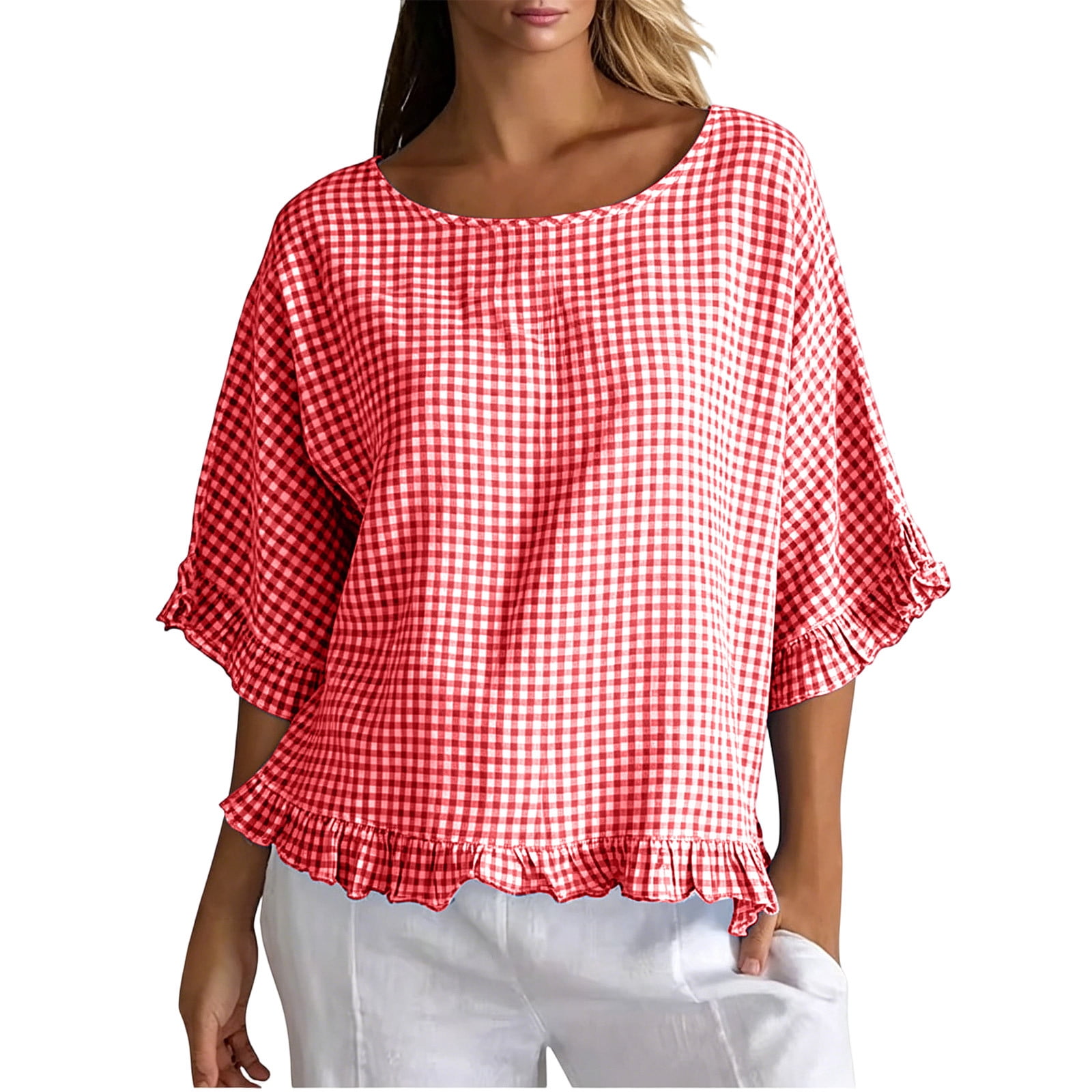 AherBiu Summer Tops for Women Plaid Crewneck Ruffle Trim 3/4 Sleeve ...