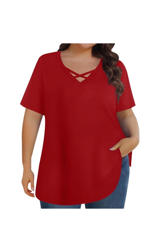 Summer Tops for Women Plus Size Crossover V Neck Short Sleeve Comfy Tees Casual Loose Tshirt Tunic