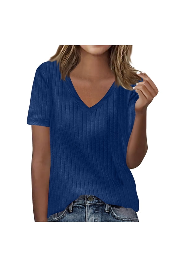 Summer Tops for Women Ribble Knitted V Neck Short Sleeve Slim Fitted Sweater Pullover Tops