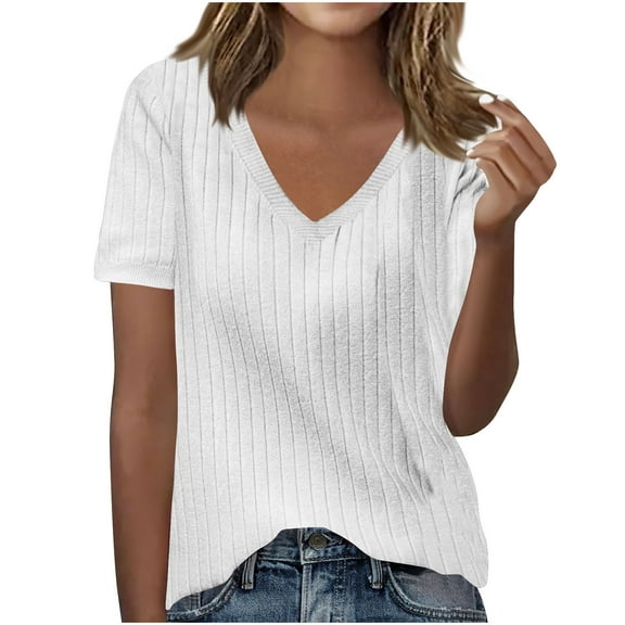AherBiu Summer Tops for Women Ribble Knitted V Neck Short Sleeve Slim Fitted Sweater Pullover Tops