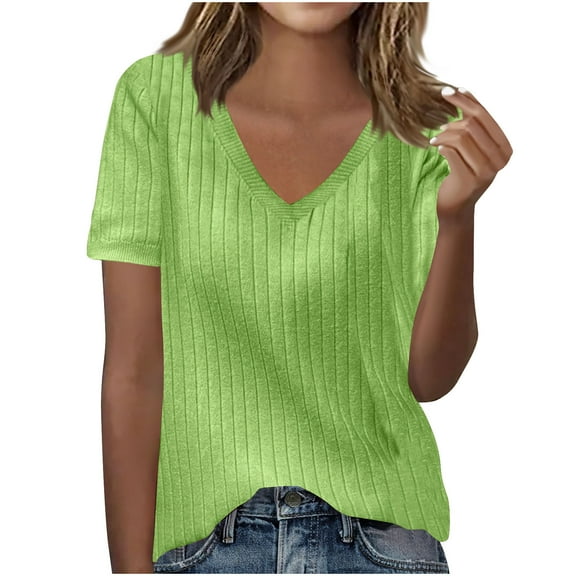 AherBiu Summer Tops for Women Ribble Knitted V Neck Short Sleeve Slim Fitted Sweater Pullover Tops