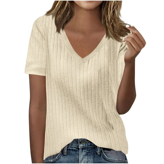 AherBiu Summer Tops for Women Ribble Knitted V Neck Short Sleeve Slim Fitted Sweater Pullover Tops