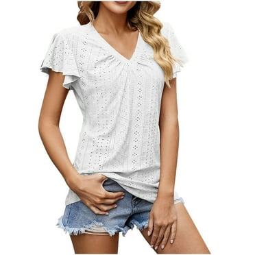 AherBiu Summer Tops for Women Short Ruffle Sleeve Eyelet Hole V Neck Tunic Top Casual Shirts Blouse