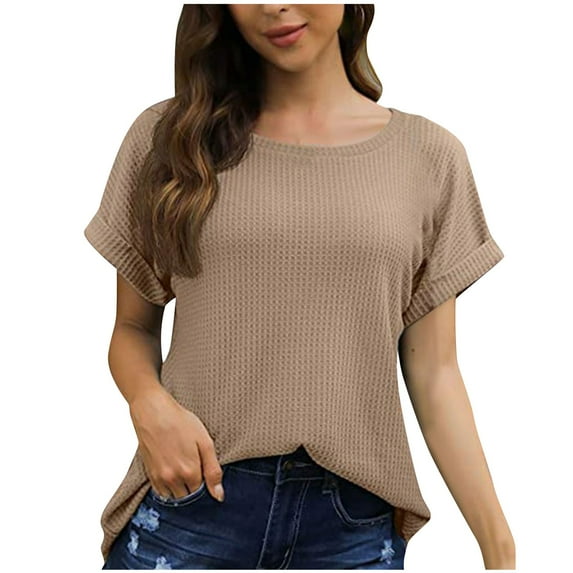 AherBiu Summer Tops for Women Short Sleeve Crewneck Comfy Basic Top Tees Shirts Solid Color Blouse