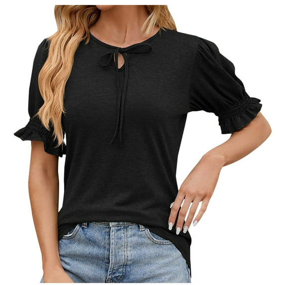 AherBiu Summer Tops for Women Short Sleeve Elastic Cuff Keyhole Neck Comfy Top Shirts Blouse Solid Color