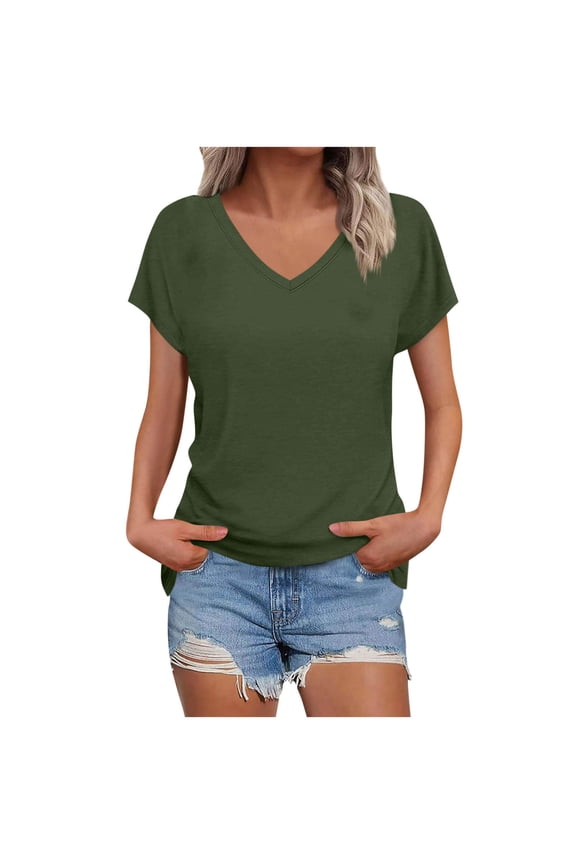 Summer Tops for Women Short Sleeve V Neck Basic Comfy Tshirts High Low Irregular Plain Tees