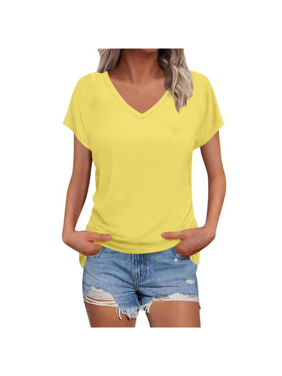 Summer Tops for Women Short Sleeve V Neck Tshirt Casual Loose Comfy Fitted Basic Plain Tees