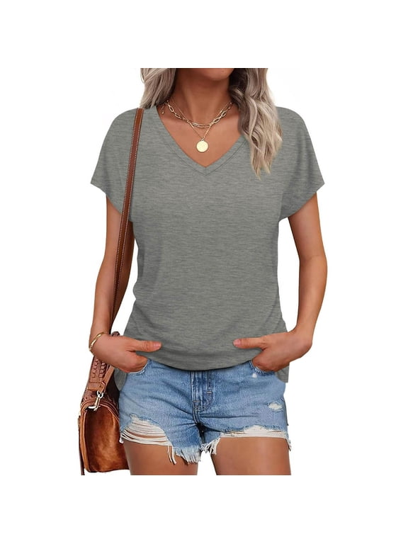 Summer Tops for Women Short Sleeve V Neck Tshirt Casual Loose Comfy Fitted Basic Plain Tees
