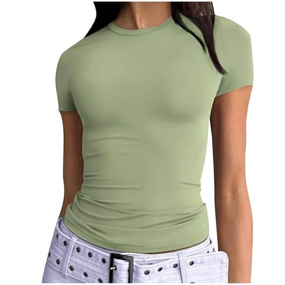 AherBiu Summer Tops for Women Stretch Slim Fitted Short Sleeve Crewneck Basic Comfy Undershirt Tees