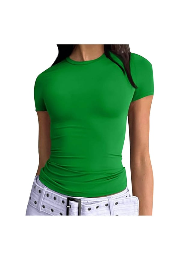 Summer Tops for Women Stretch Slim Fitted Short Sleeve Crewneck Basic Comfy Undershirt Tees