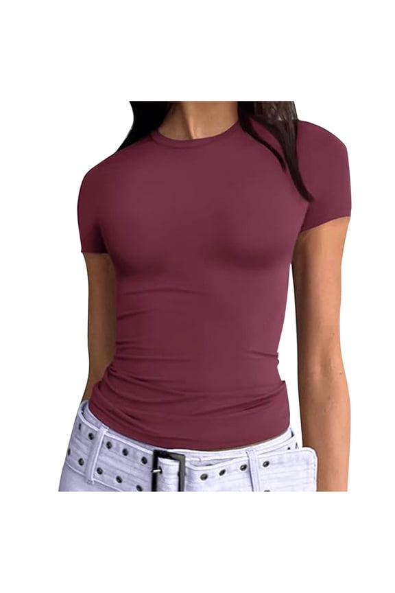 Summer Tops for Women Short Sleeve Tshirt Stretch Slim Fitted Crewneck Comfy Undershirt Basic Top Tees