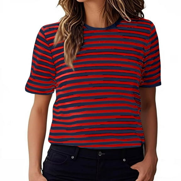 AherBiu Summer Tops for Women Striped Crewneck Short Sleeve Casual Basic Comfy Top Tees Tshirts Blouse