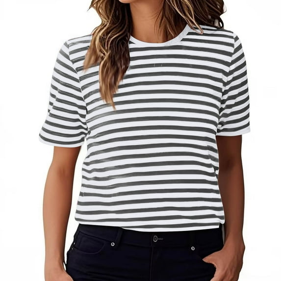 AherBiu Summer Tops for Women Striped Crewneck Short Sleeve Casual Basic Comfy Top Tees Tshirts Blouse