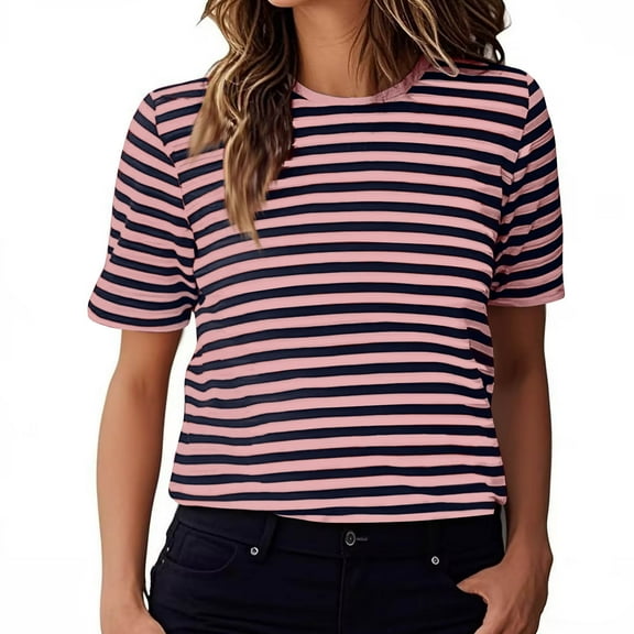 AherBiu Summer Tops for Women Striped Crewneck Short Sleeve Casual Basic Comfy Top Tees Tshirts Blouse