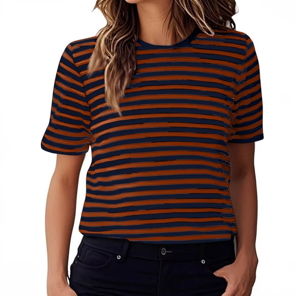 AherBiu Summer Tops for Women Striped Crewneck Short Sleeve Casual Basic Comfy Top Tees Tshirts Blouse