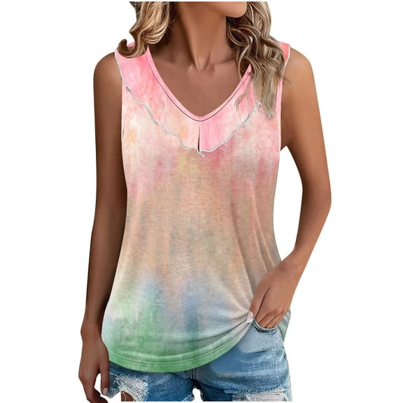 AherBiu Summer Tops for Women Tie-Dye Tank Top Ruffle V Neck Casual Loose Basic Comfy Top Tees Shirts