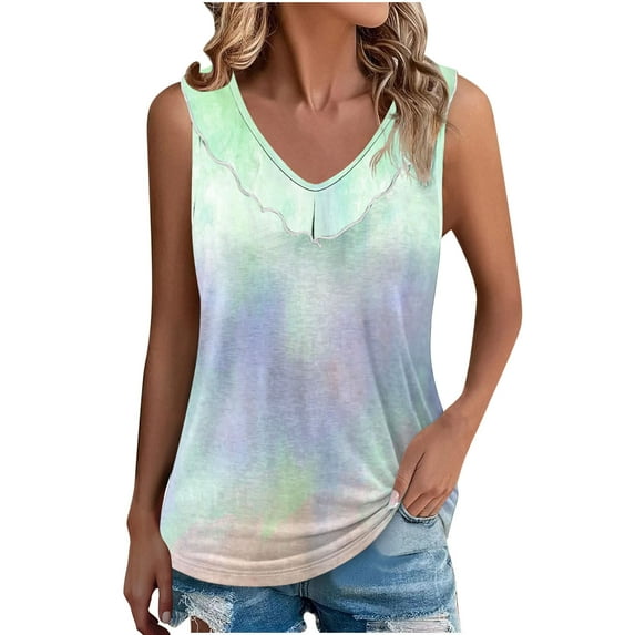 AherBiu Summer Tops for Women Tie-Dye Tank Top Ruffle V Neck Casual Loose Basic Comfy Top Tees Shirts