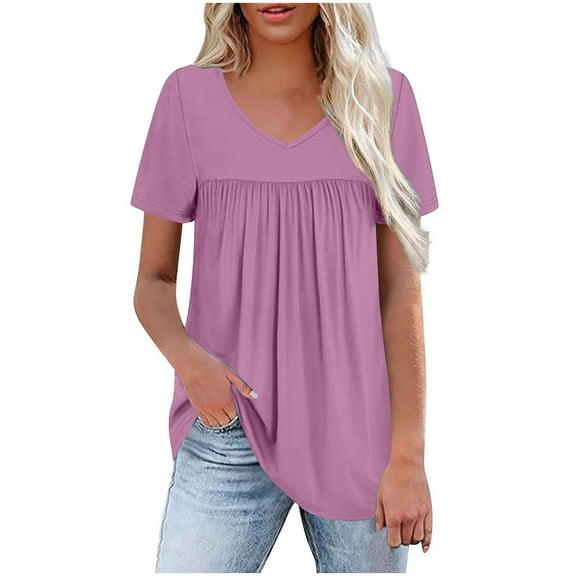 AherBiu Summer Tops for Women V Neck Ruched Loose Tunic Tops to Wear with Leggings Casual Shirts Blouse
