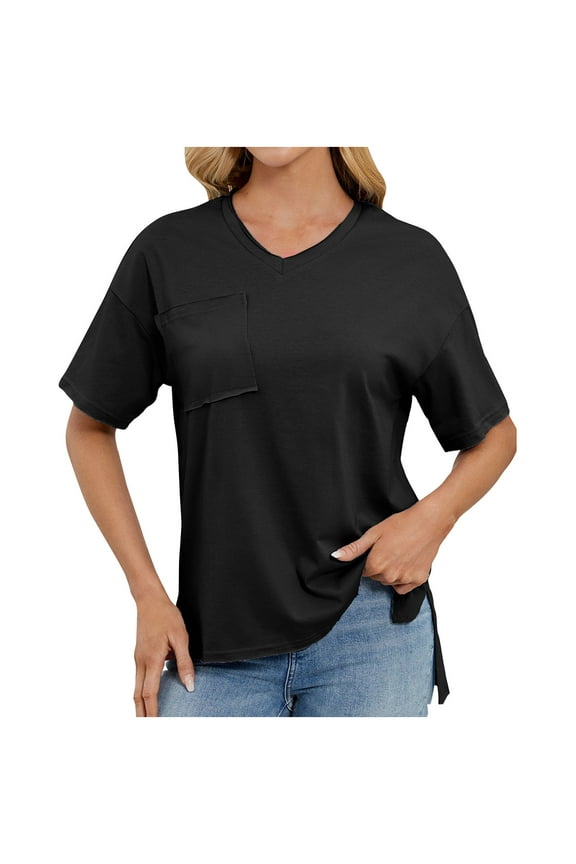 Summer Tops for Women V Neck Short Sleeve Side Slit High Low Irregular Casual Loose Top Tees Tshirts