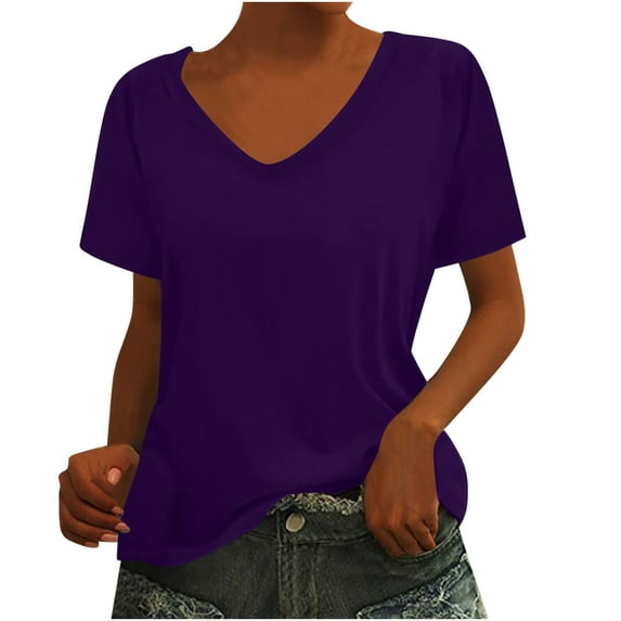 AherBiu Summer Tops for Women V Neck Short Sleeve Stretch Casual Loose Comfy Top Basic Tees Shirts
