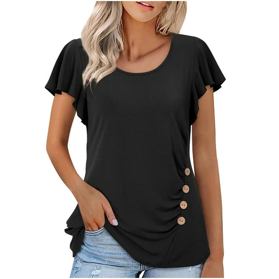 AherBiu Summer Tunic Tops for Women Cap Sleeve Button Crewneck Casual Loose Comfy T Shirts Solid Color
