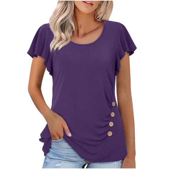 AherBiu Summer Tunic Tops for Women Cap Sleeve Button Crewneck Casual Loose Comfy T Shirts Solid Color