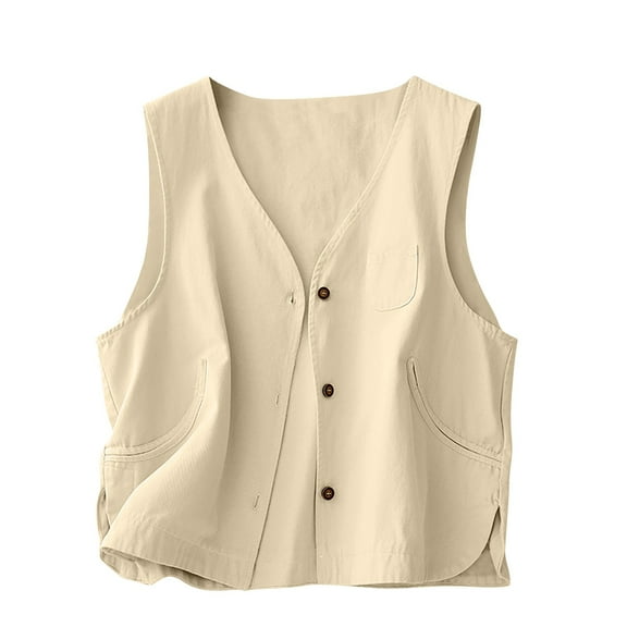 AherBiu Summer Vests for Women Button down V Neck Cotton Linen Sleeveless Lightweight Outwear Tanks