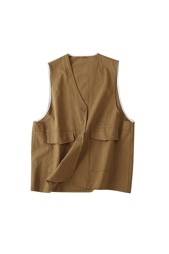 Summer Vests for Women Button down V Neck Cotton Linen Tank Tops Sleeveless Lightweight Jackets with Pockets