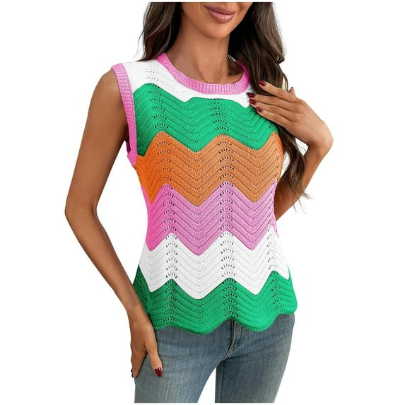 AherBiu Summer Vests for Women Color Blocked Crewneck Knitted Sleeveless Sweater Pullover Tops