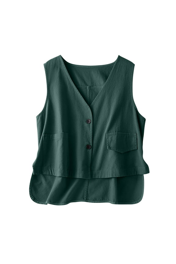 Summer Vests for Women High Low Button down V Neck Lightweight Sleeveless Casual Outwear Jacket