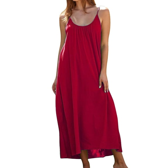 AherBiu Sundresses for Women Scoop Neck Spaghetti Strap Stretch Comfy Homewear Maxi Dresses Pajamas Sleepwear Long Dress