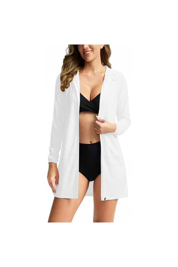 Sunproof Jackets for Women Zip up Long Sleeve Lightweight Hooded Stretch Mid-Long Summer Tops with Pockets