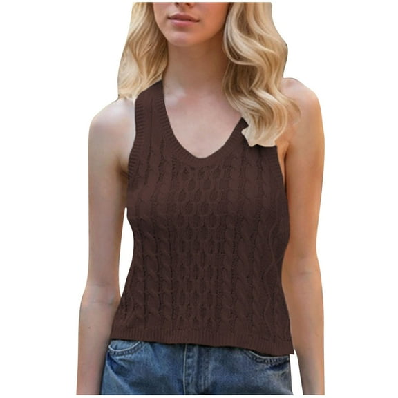 AherBiu Sweater Tank Tops for Women Cable Knitted V Neck Sleeveless Cropped Summer Casual Pullover Shirts Blouse