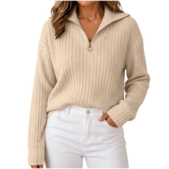 AherBiu Sweater Tops for Women 1/4 Zip up Lapel V Neck Ribble Knitted Long Sleeve Loose Shirt Blouse Pullover