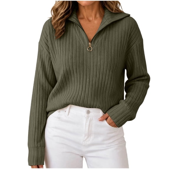 AherBiu Sweater Tops for Women 1/4 Zip up Lapel V Neck Ribble Knitted Long Sleeve Loose Shirt Blouse Pullover