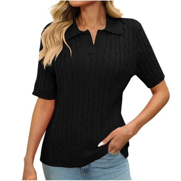 AherBiu Sweater Tops for Women Cable Knitted Lapel V Neck Short Sleeve Summer Casual Pullover Shirts Blouse
