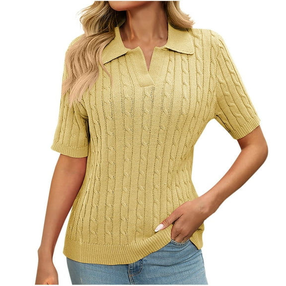 AherBiu Sweater Tops for Women Cable Knitted Lapel V Neck Short Sleeve Summer Casual Pullover Shirts Blouse