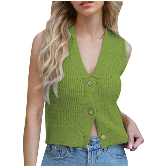 AherBiu Sweater Tops for Women Cropped Button Deep V Neck Sleeveless Cropped Knitted Cardigan Vests