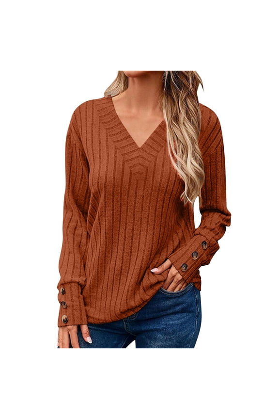 Sweater Tops for Women Ribbed V Neck Long Sleeve Fall Casual Pullover Tops Blouse