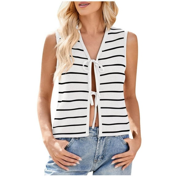 AherBiu Sweater Vests for Women Striped Bow-Tie Open Front Deep V Neck Sleeveless Knitted Summer Tank Tops