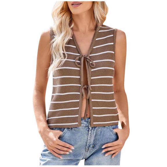 AherBiu Sweater Vests for Women Striped Bow-Tie Open Front Deep V Neck Sleeveless Knitted Summer Tank Tops