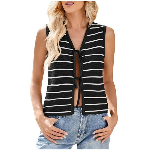 AherBiu Sweater Vests for Women Striped Bow-Tie Open Front Deep V Neck Sleeveless Knitted Summer Tank Tops